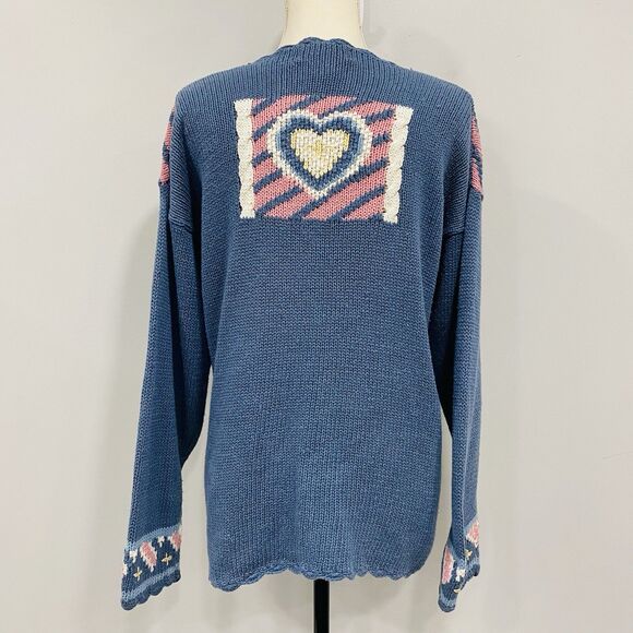 VINTAGE 90s Women M Blue Granny Core Heart Patchwork Heavy Knit Sweater Cottage - Picture 5 of 16